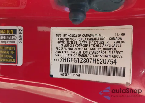 2007 Honda Civic Ex z USA, uszkodzony, nr VIN 2HGFG12807H520754